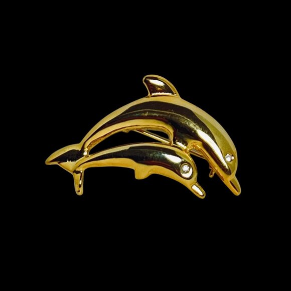 Gold Tone And Clear Rhinestone Dolphin Brooch (5732) - Picture 1 of 5